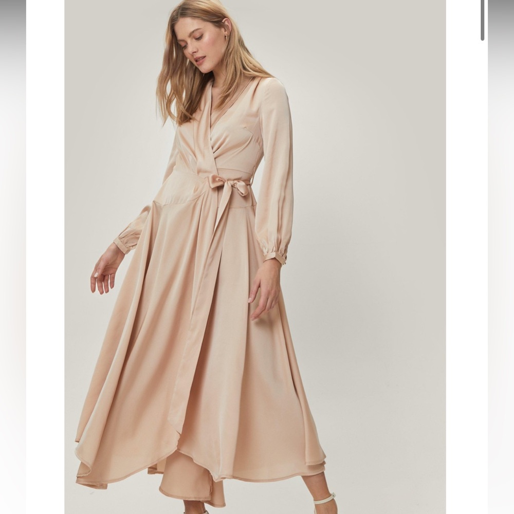New NastyGal Champagne Satin Wrap Maxi Dress With V-Neckline